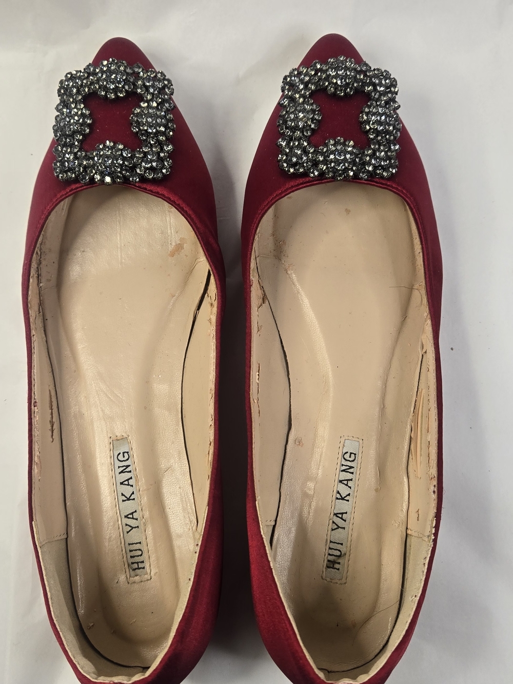 Red Satin Crystal Buckle Flats